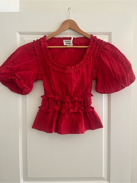 Damson Madder Tops - Damson Madder Everly Red Ruffle Puff-Sleeve Blouse Removable Sleeves Maximalist